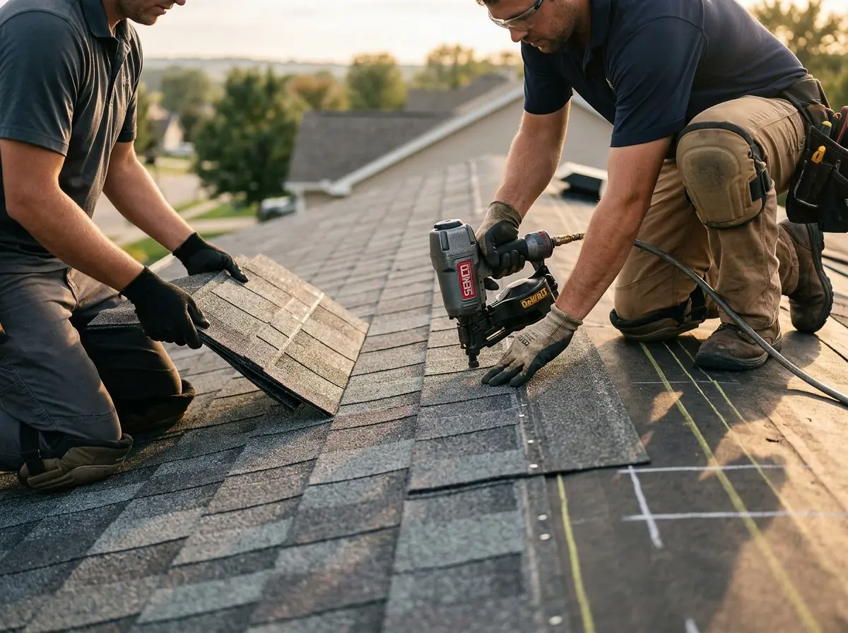 Professional roofer working on a residential roof in West Livingston